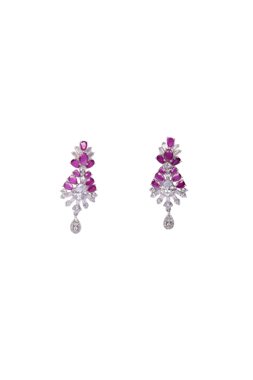 Dazzle with Floral Charm: Sterling Silver Rhodium-Plated Magenta Ruby Teardrop Earrings